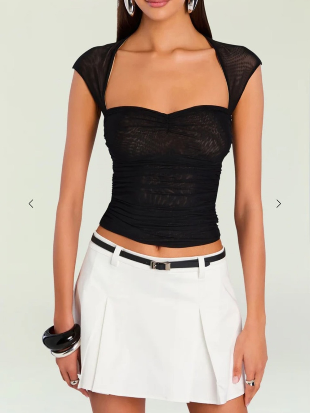 SER.O.YA Black Mesh Cap-Sleeve Ruched Crop Top S New $258